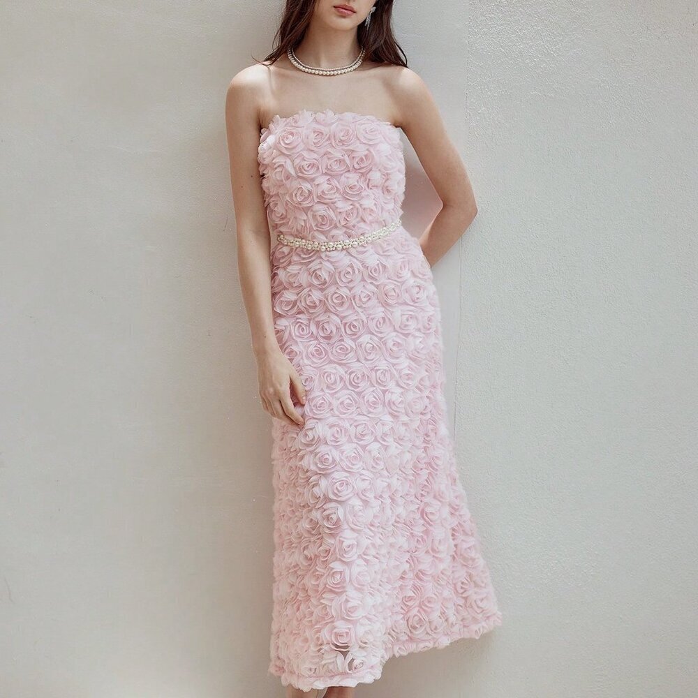 Apricot Elegant Women's Appliques Faux Pearl Detail Strapless Dress
